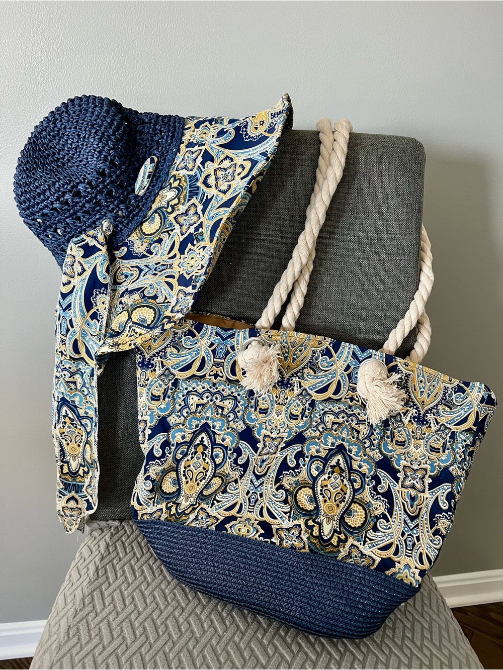 Bohemian Navy Paisley Straw Tote with Matching Sun Hat - Coordinated Beach Set